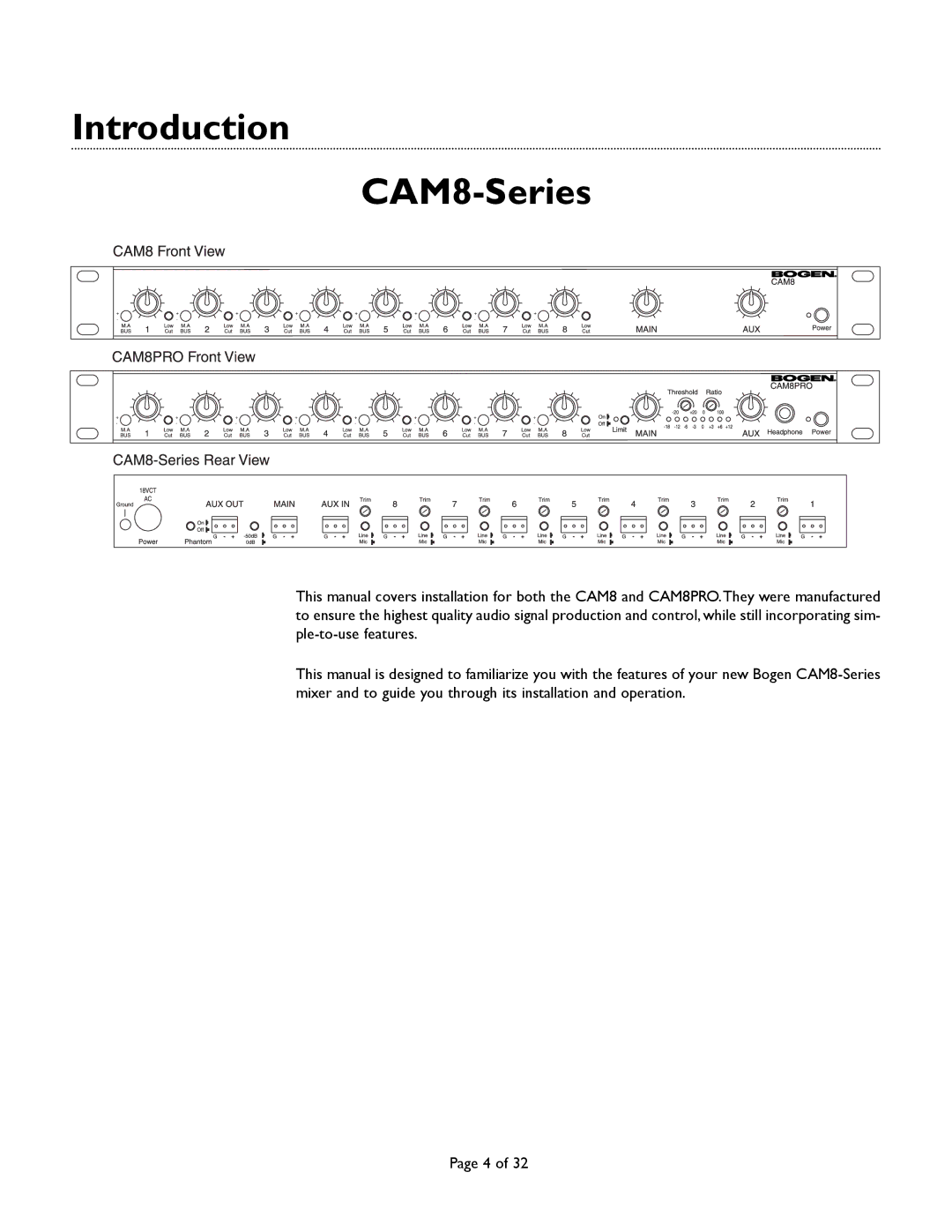 Bogen CAM8PRO manual Introduction CAM8-Series 