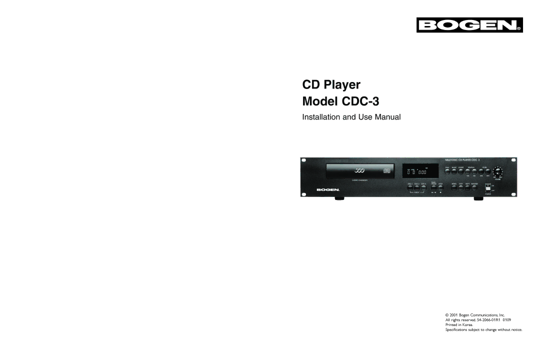 Bogen specifications CD Player Model CDC-3 