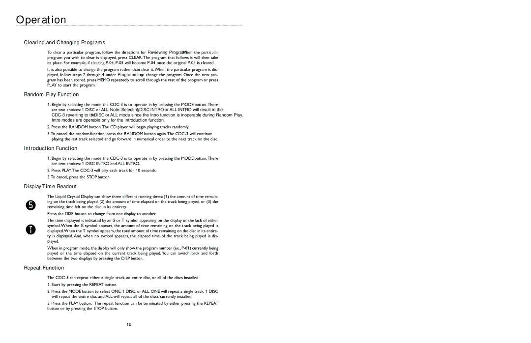 Bogen CDC-3 Clearing and Changing Programs, Random Play Function, Introduction Function, Display Time Readout 