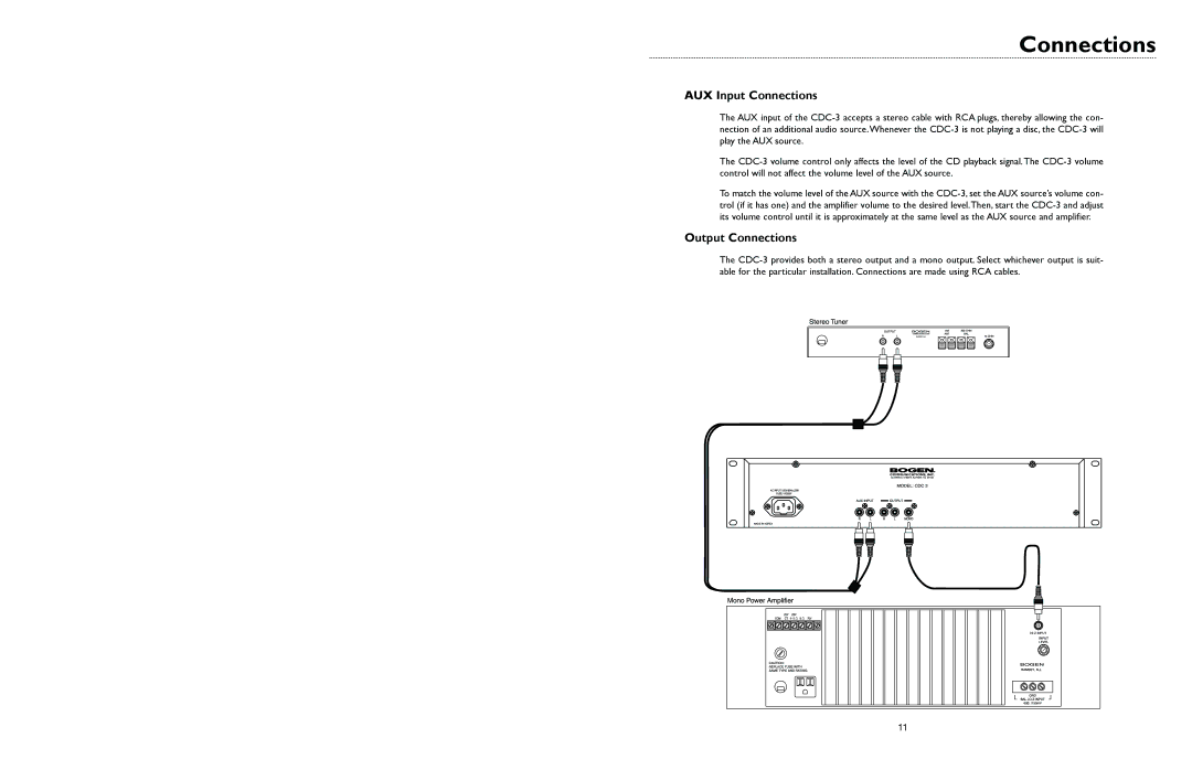 Bogen CDC-3 specifications AUX Input Connections, Output Connections 