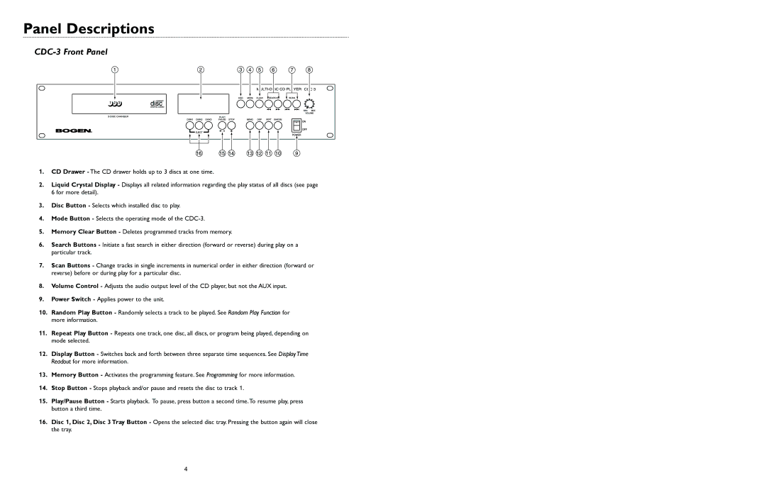 Bogen specifications Panel Descriptions, CDC-3 Front Panel 