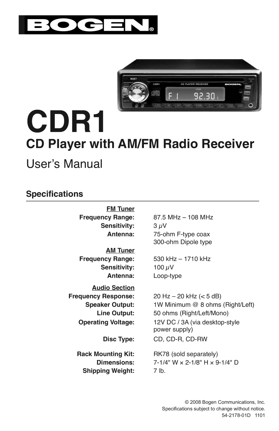 Bogen CDR1 specifications Specifications 