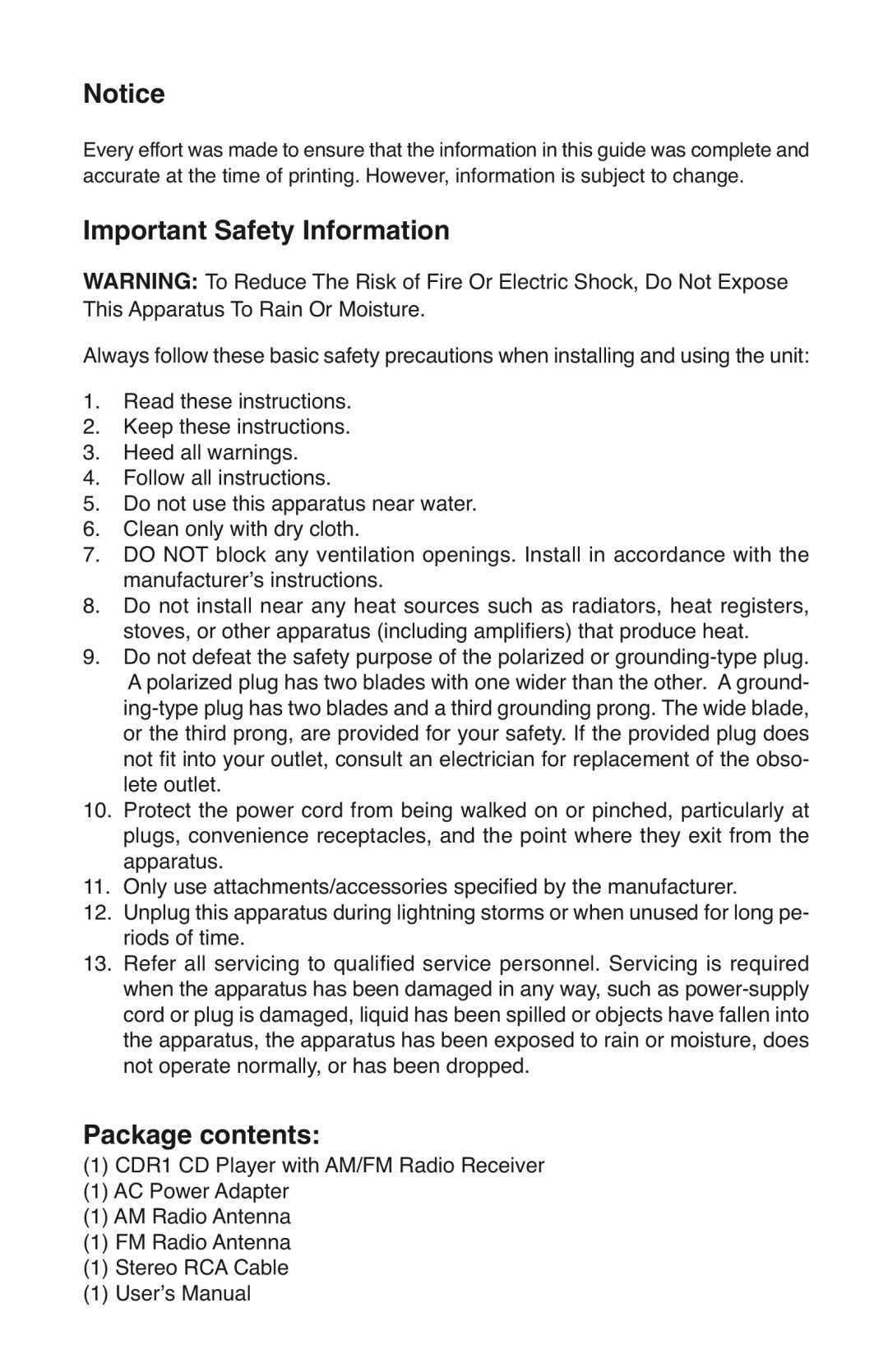 Bogen CDR1 specifications Important Safety Information, Package contents 