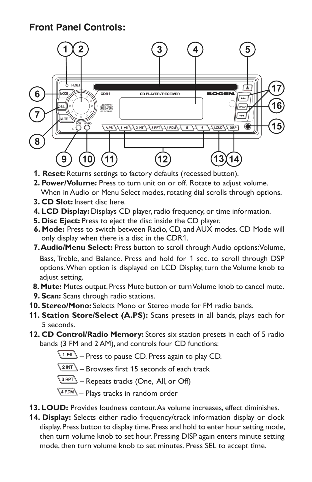 Bogen CDR1 specifications Front Panel Controls 