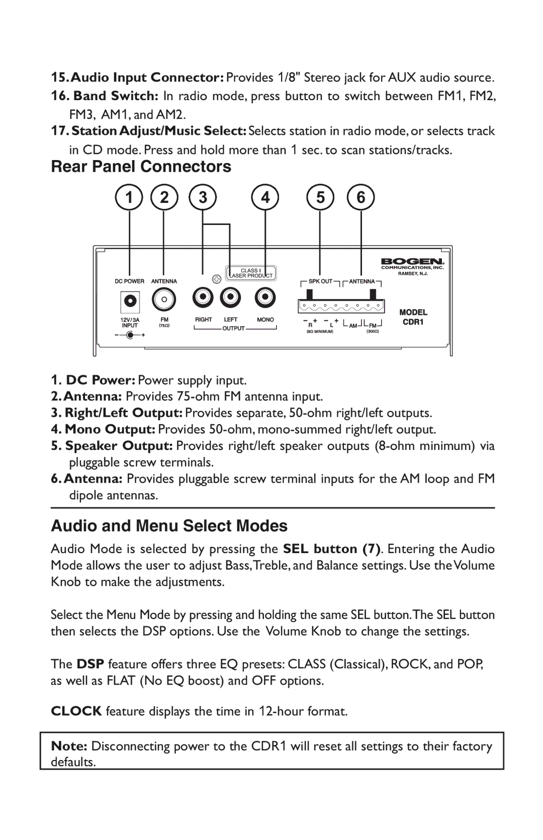 Bogen CDR1 specifications Rear Panel Connectors, Audio and Menu Select Modes 