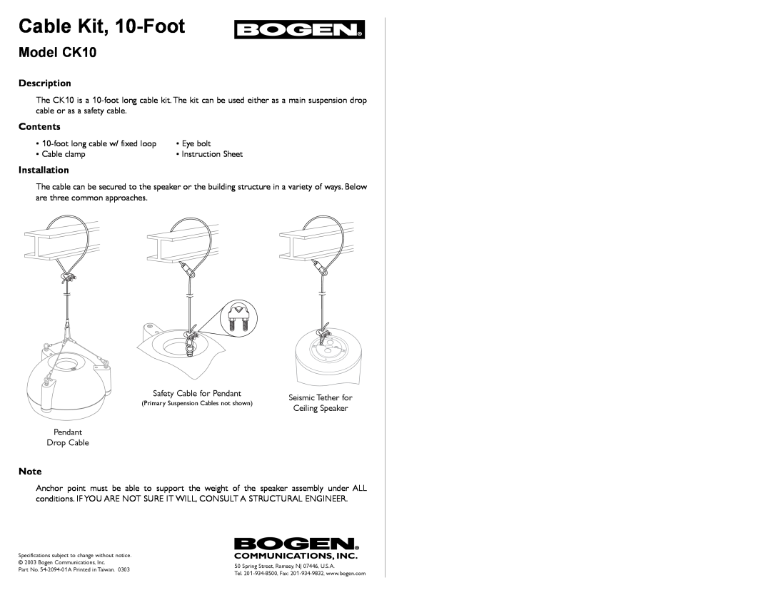 Bogen instruction sheet Cable Kit, 10-Foot, Model CK10, Description, Contents, Installation 
