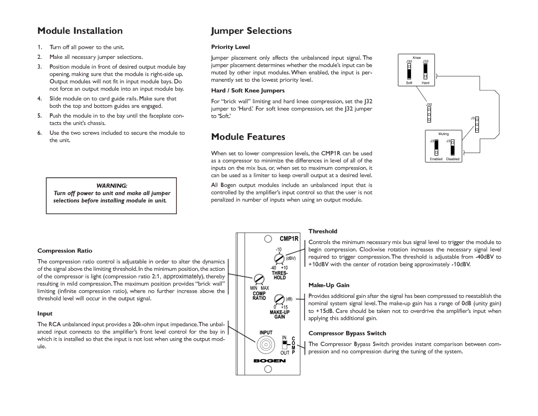 Bogen CMP1R specifications Module Installation, Jumper Selections, Module Features 