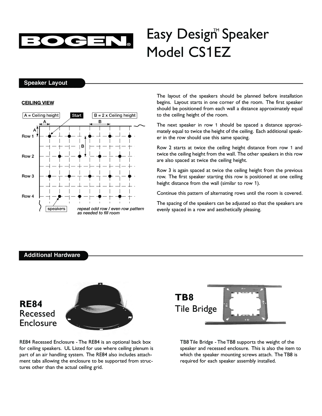 Bogen cs1ez manual Recessed Enclosure, Tile Bridge, Speaker Layout, Additional Hardware 