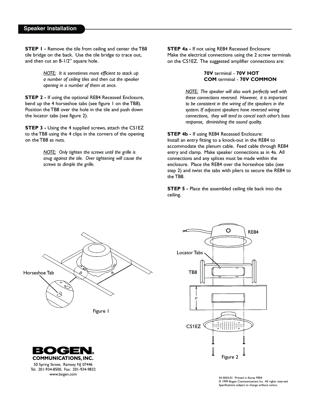 Bogen cs1ez manual Speaker Installation, 70V terminal 70V HOT COM terminal 70V Common 