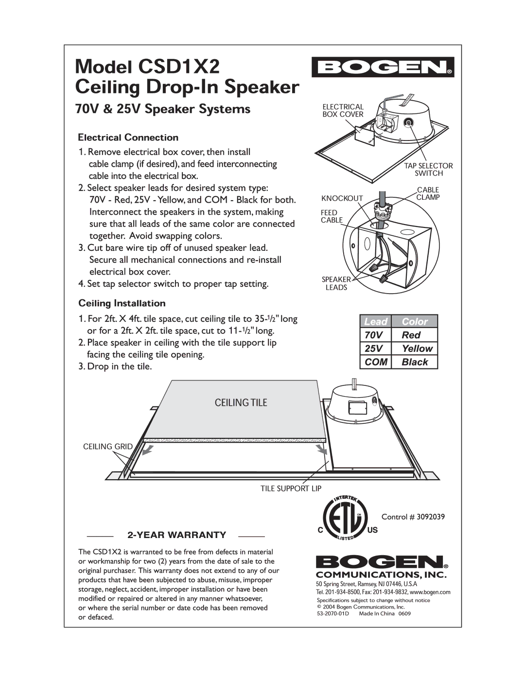 Bogen CSD1X62 manual 