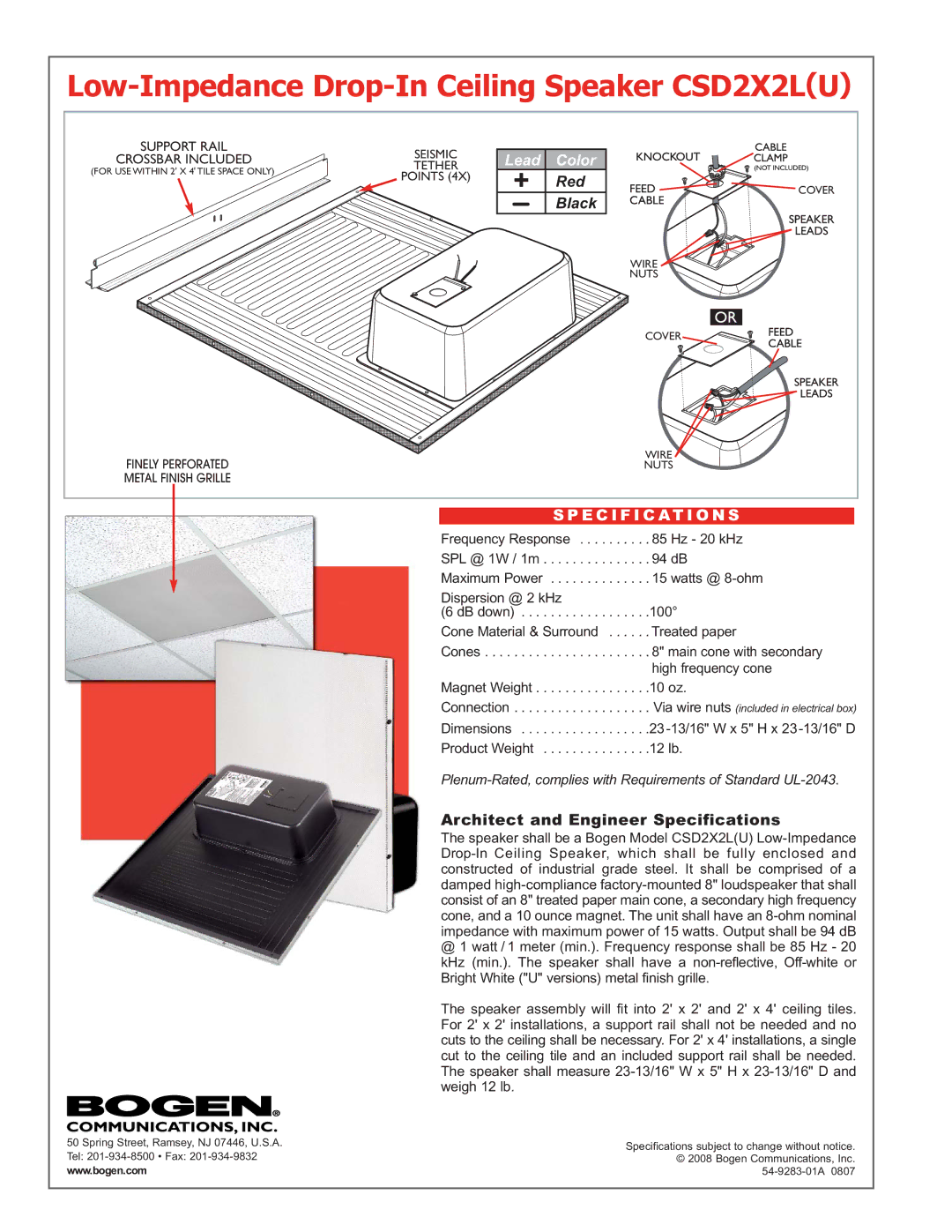 Bogen Low-Impedance Drop-In Ceiling Speaker CSD2X2LU, Lead Color, Red, Black, Architect and Engineer Specifications 