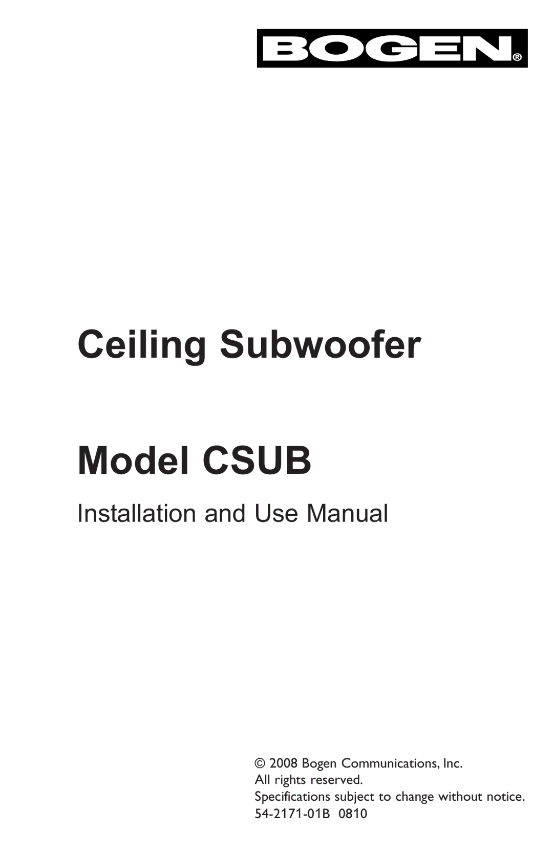 Bogen CSUB specifications Ceiling Subwoofer Model Csub 