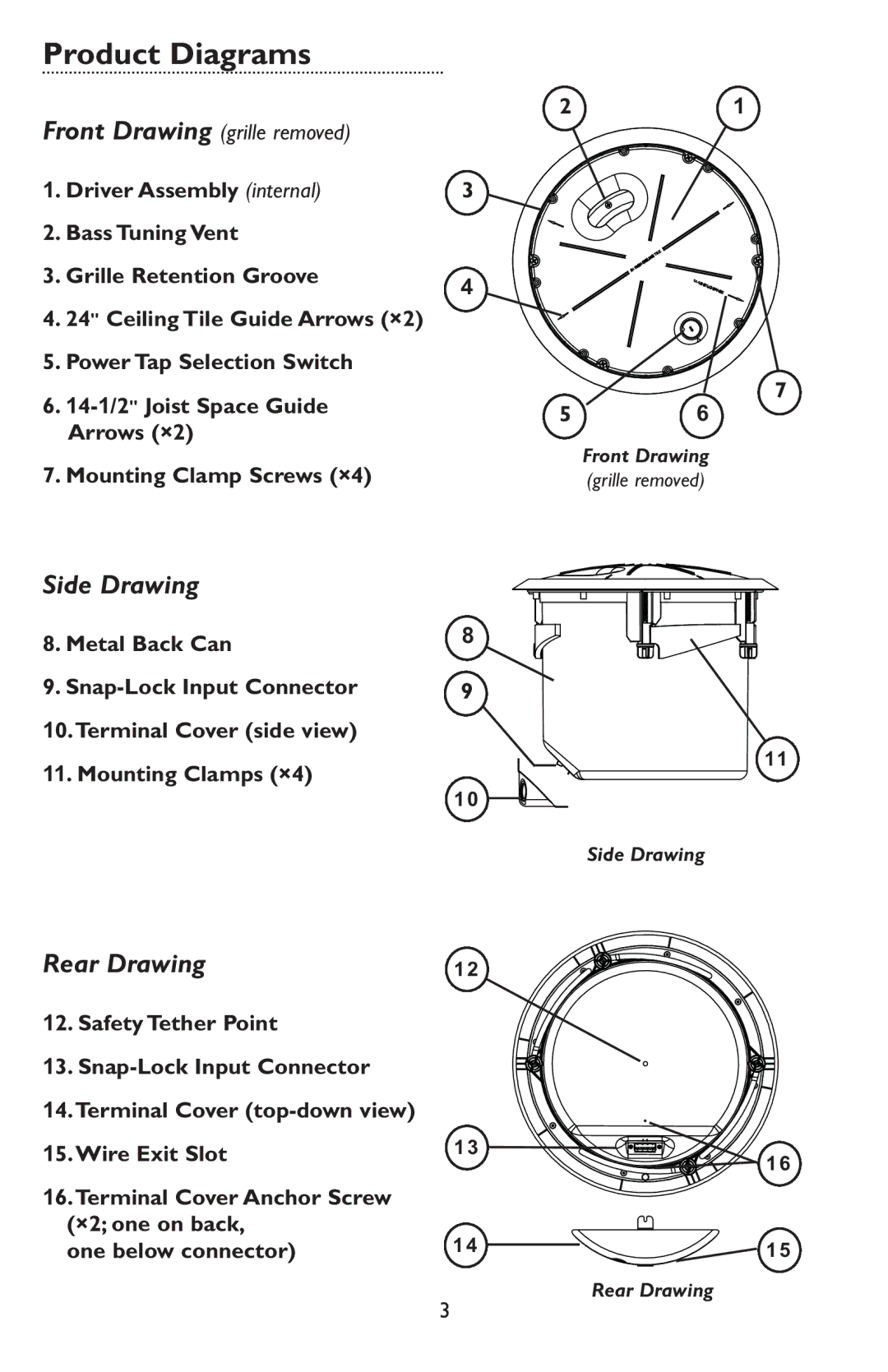 Bogen CSUB specifications Product Diagrams, Side Drawing, Rear Drawing 