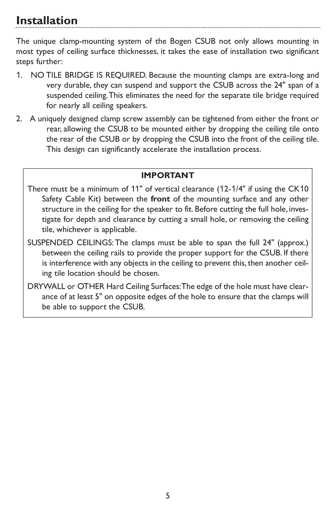 Bogen CSUB specifications Installation 