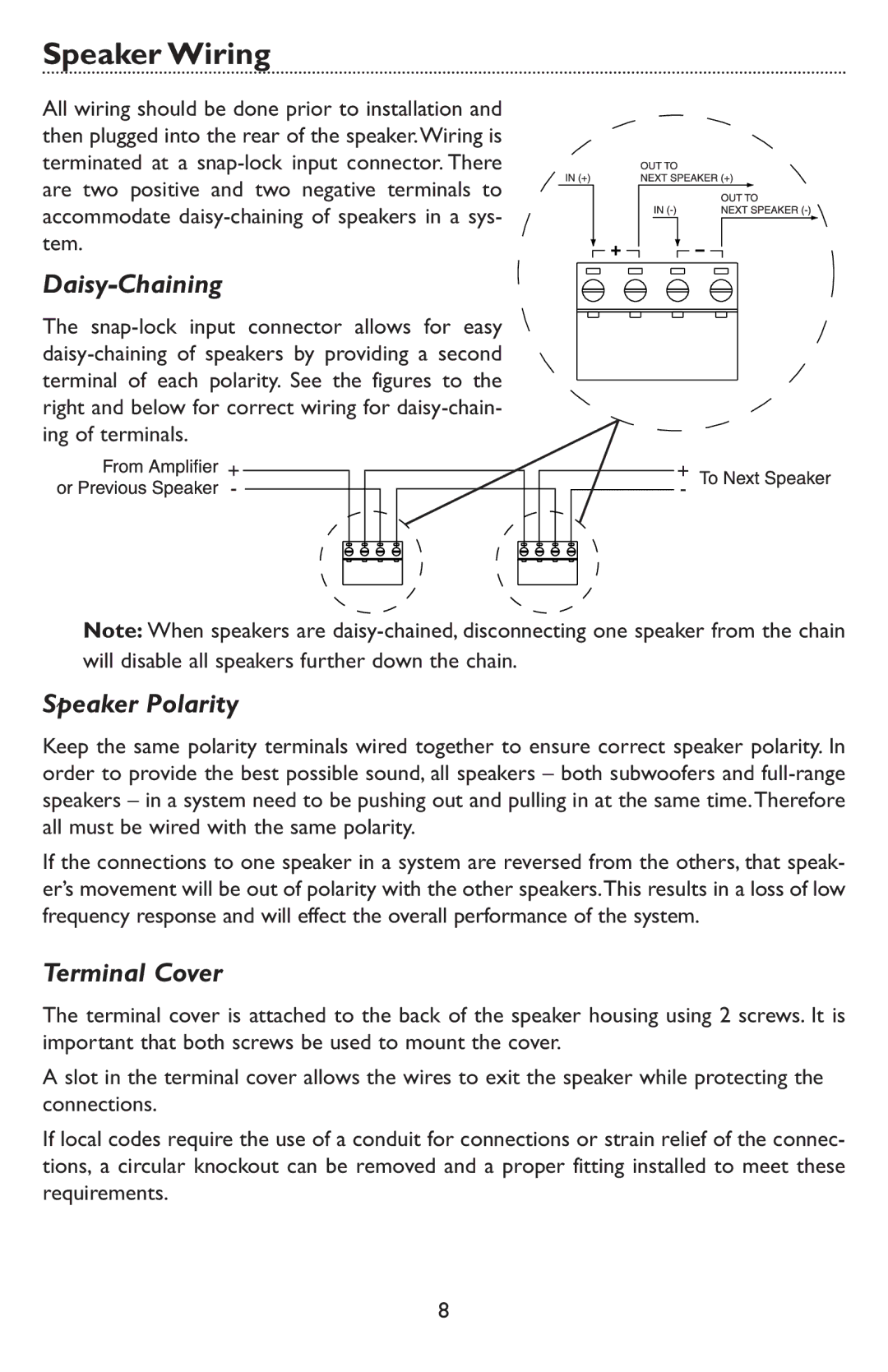 Bogen CSUB specifications Speaker Wiring, Daisy-Chaining, Speaker Polarity, Terminal Cover 