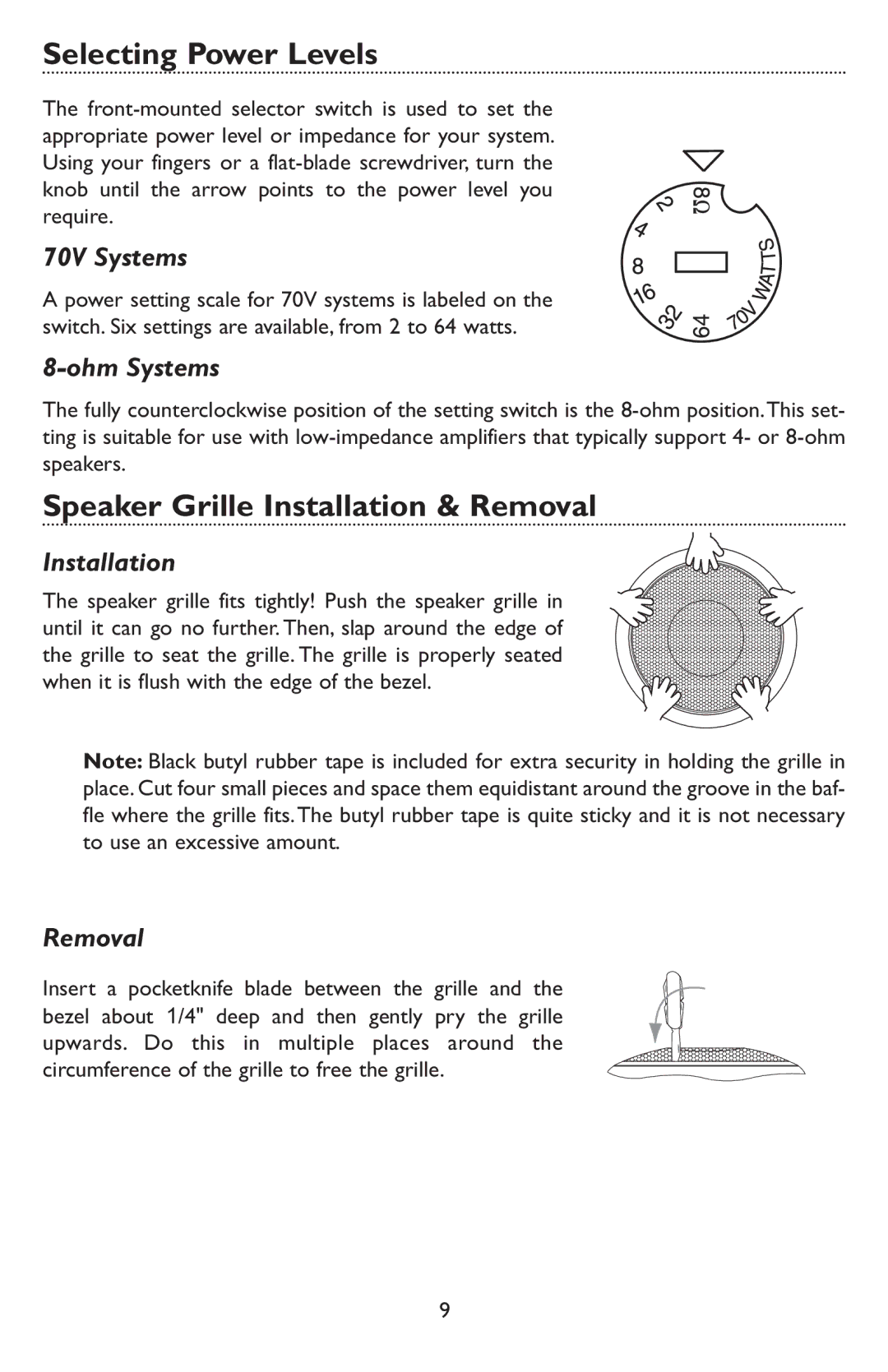 Bogen CSUB specifications Selecting Power Levels, Speaker Grille Installation & Removal 