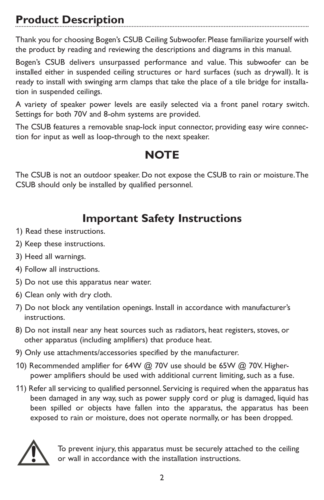 Bogen CSUB specifications Product Description, Important Safety Instructions 
