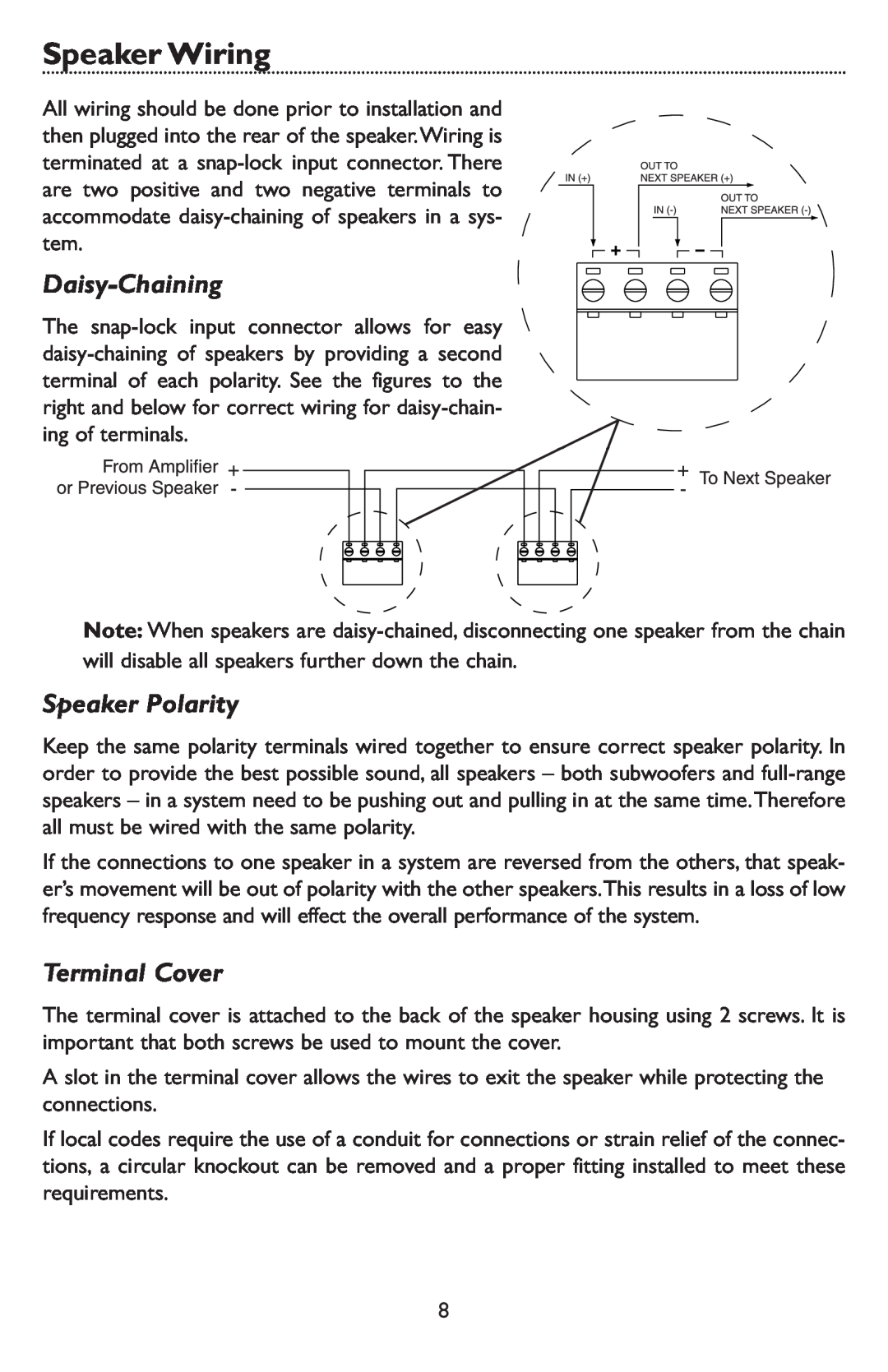 Bogen CSUB specifications Speaker Wiring, Daisy-Chaining, Speaker Polarity, Terminal Cover 
