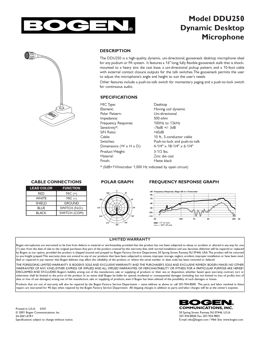 Bogen specifications Model DDU250 Dynamic Desktop Microphone, Description, Specifications, Cable Connections 