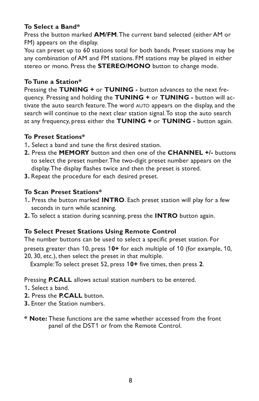 Bogen DST1 specifications To Select a Band, To Tune a Station, To Preset Stations, To Scan Preset Stations 