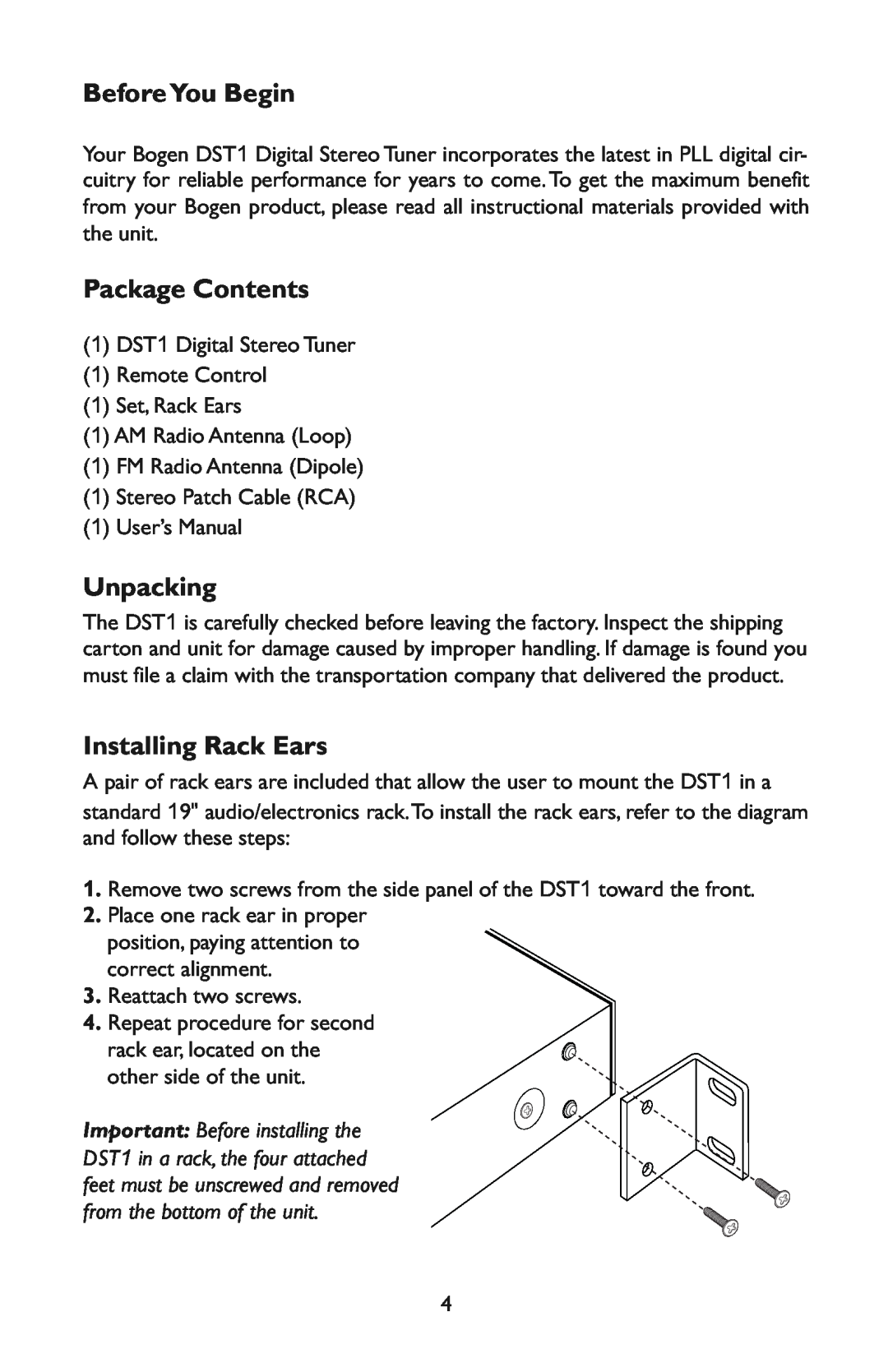Bogen DST1 specifications BeforeYou Begin, Package Contents, Unpacking, Installing Rack Ears 