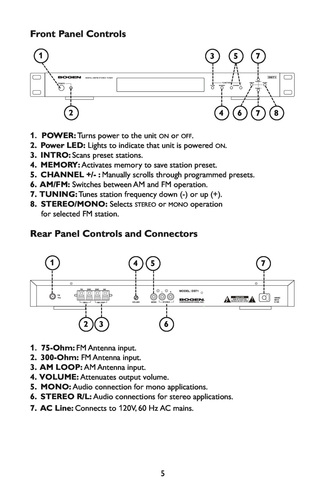 Bogen DST1 specifications Front Panel Controls, Rear Panel Controls and Connectors 
