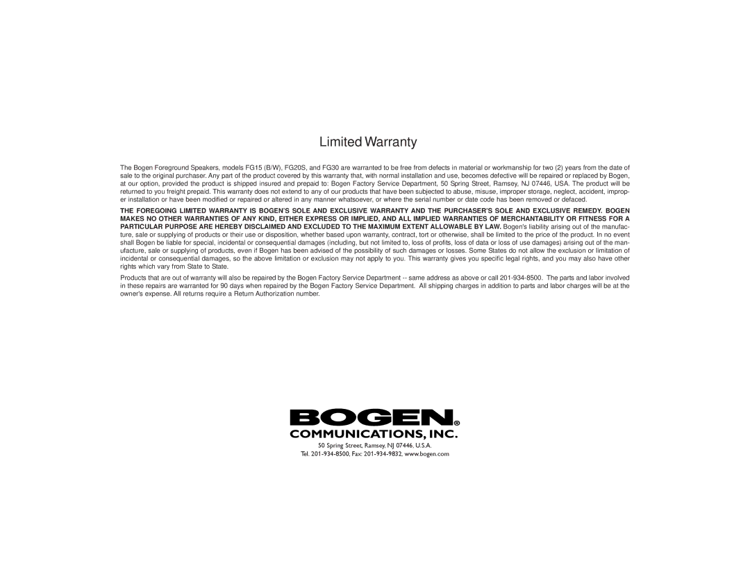 Bogen FG15(B, W) specifications Limited Warranty 