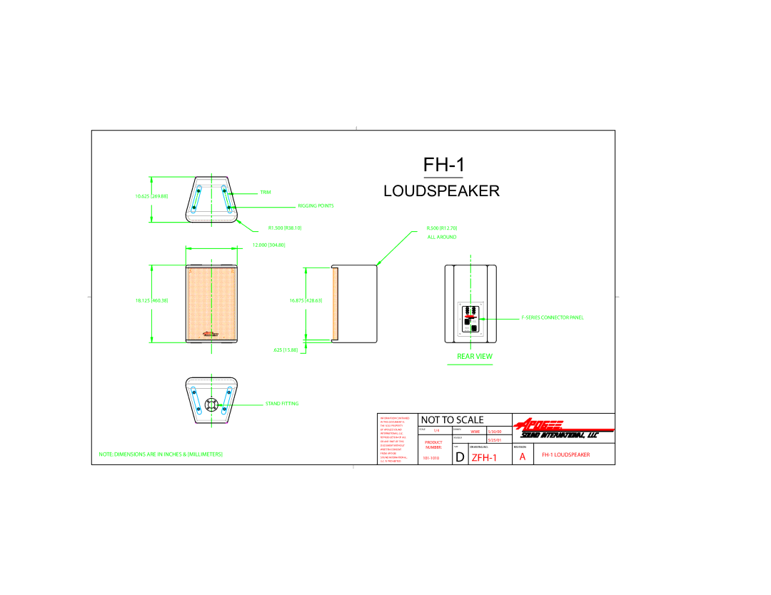 Bogen FH-1 dimensions Loudspeaker, Rear View, Apogee Sound, Drawing N0 