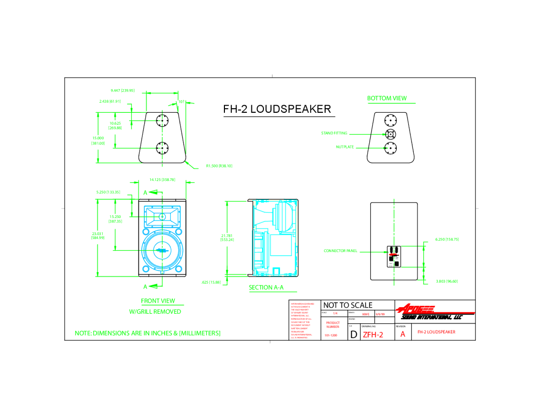 Bogen dimensions FH-2 Loudspeaker, Section A-A, Front View Grill Removed 