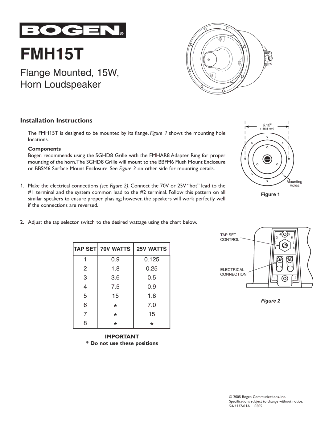 Bogen FMH15T installation instructions Flange Mounted, 15W Horn Loudspeaker, Installation Instructions, 125 