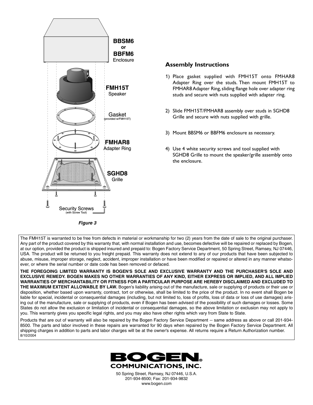 Bogen FMH15T installation instructions Assembly Instructions 