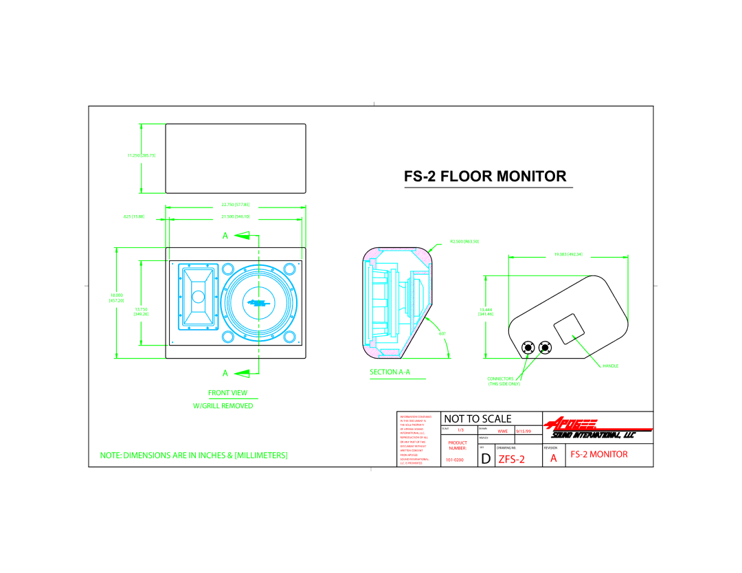 Bogen dimensions FS-2 Floor Monitor, Not to Scale, Front View Grill Removed, Section A-A, WWE 9/15/99 