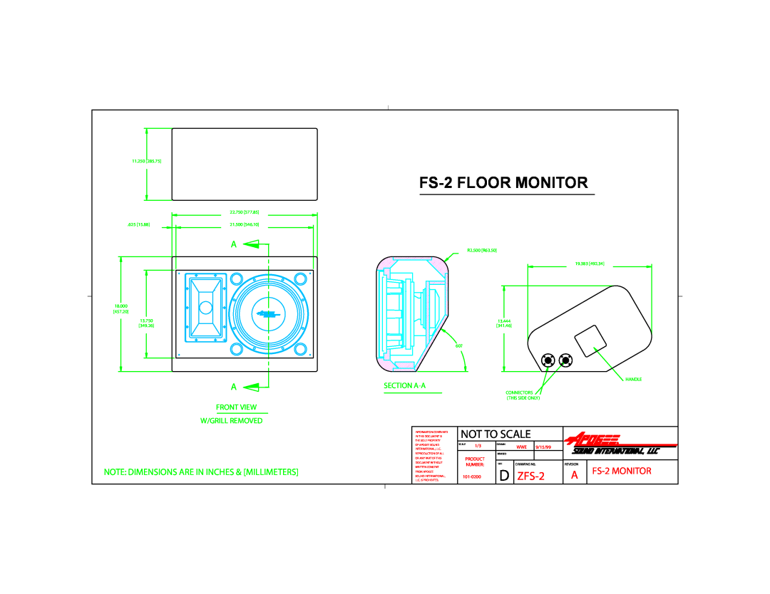 Bogen dimensions FS-2FLOOR MONITOR, Not To Scale, ZFS-2, FS-2MONITOR, Note Dimensions Are In Inches & Millimeters, Size 