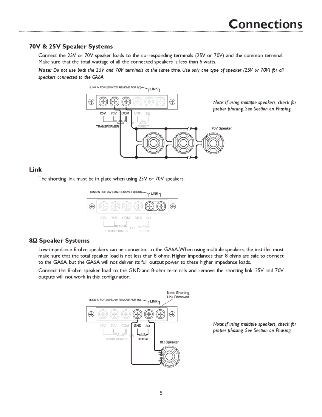 Bogen GA6A specifications Connections, 70V & 25V Speaker Systems, Link, 8Ω Speaker Systems 