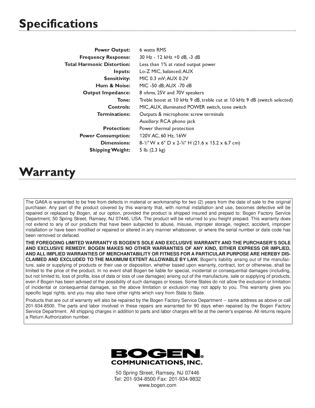 Bogen GA6A specifications Specifications, Warranty 