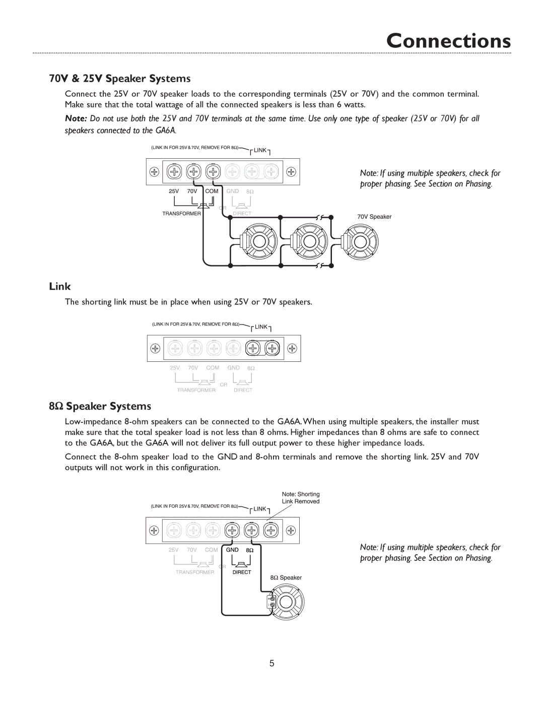 Bogen GA6A specifications Connections, 70V & 25V Speaker Systems, Link, 8Ω Speaker Systems 