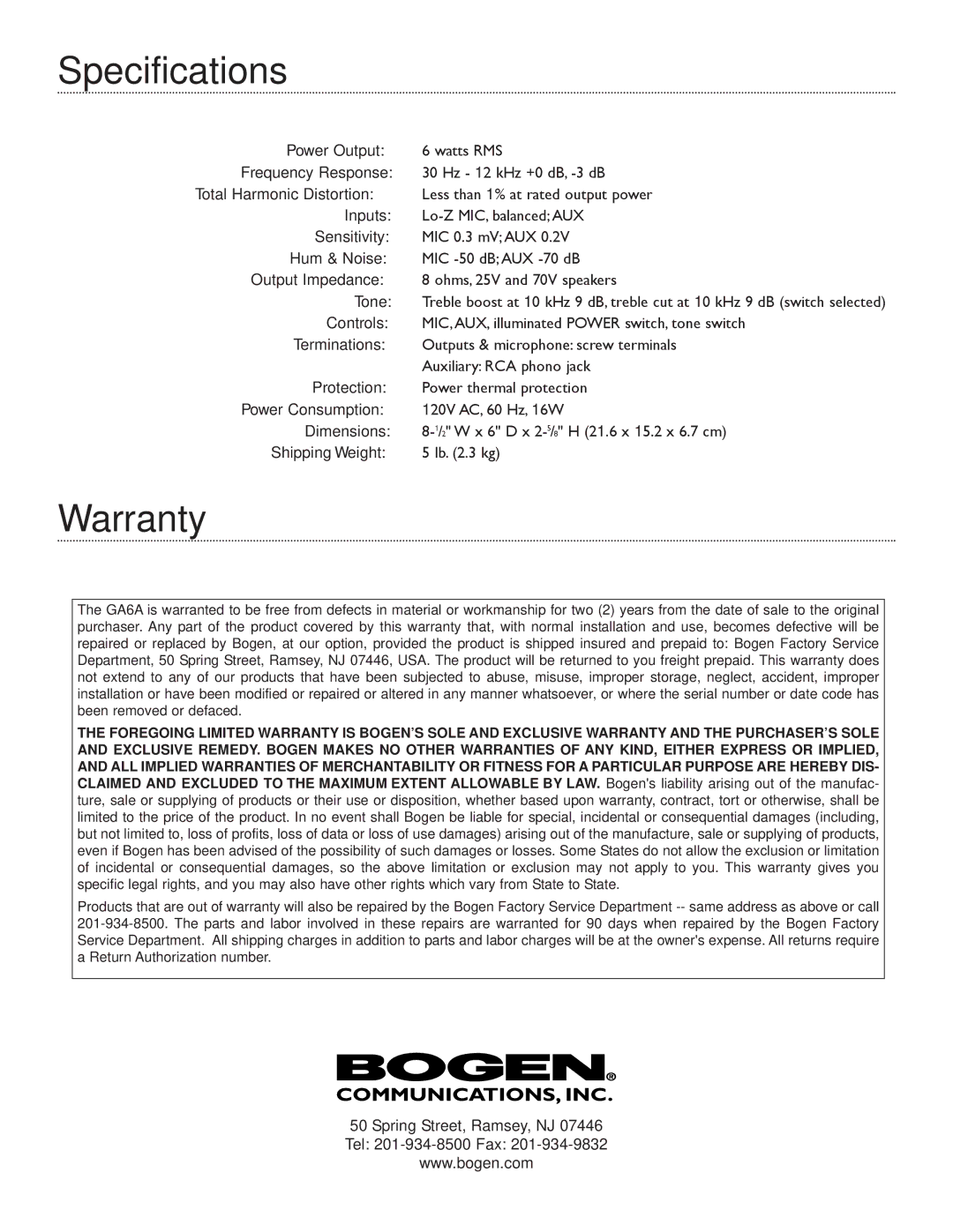 Bogen GA6A specifications Specifications, Warranty 