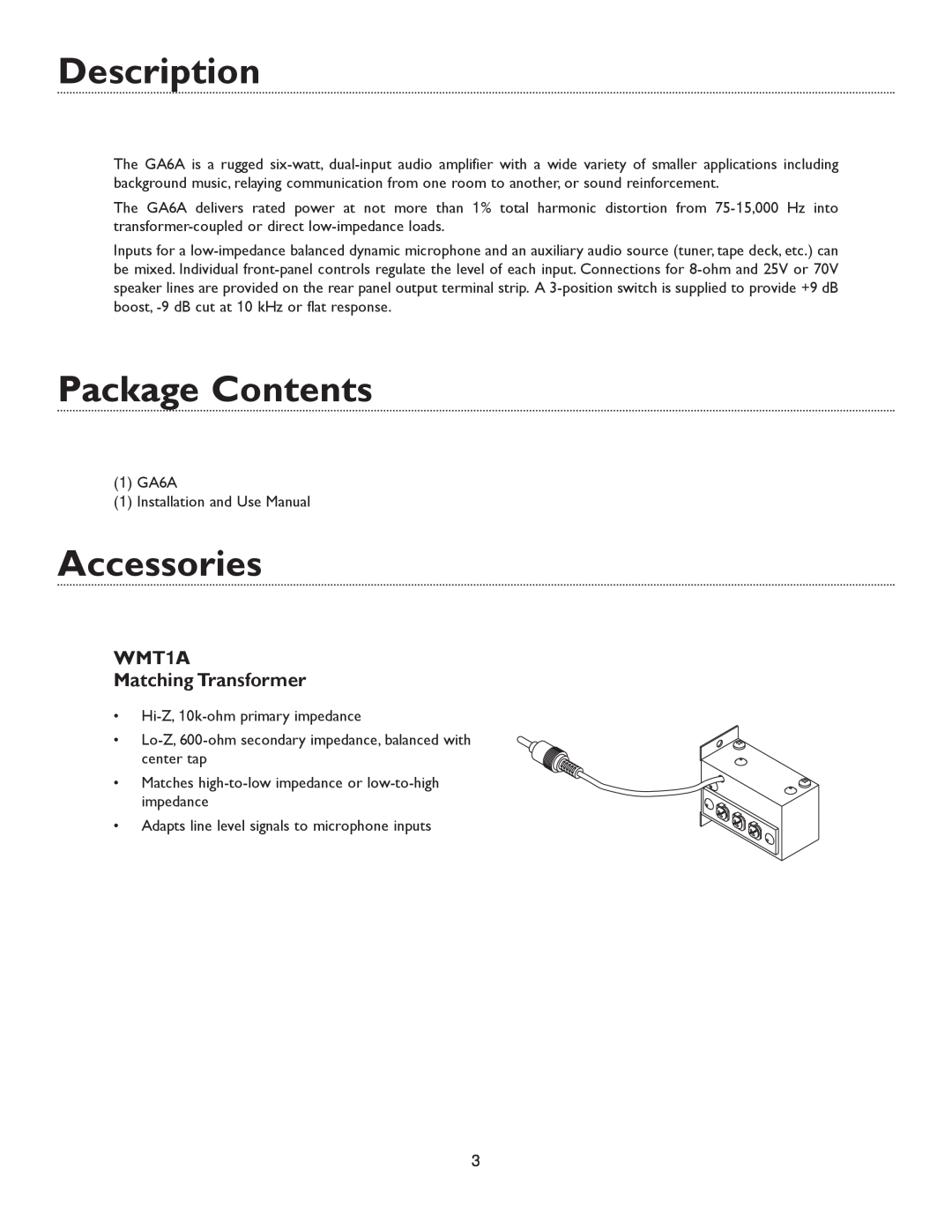 Bogen GA6A specifications Description, Package Contents, Accessories, WMT1A Matching Transformer 