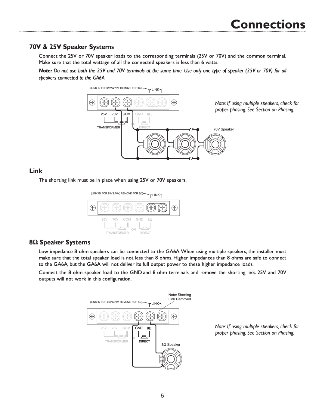 Bogen GA6A specifications Connections, 70V & 25V Speaker Systems, Link, 8Ω Speaker Systems 