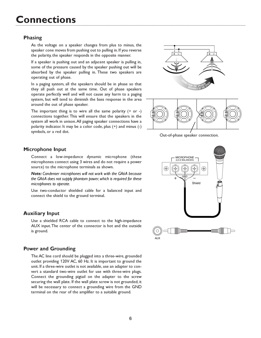 Bogen GA6A specifications Phasing, Microphone Input, Auxiliary Input, Power and Grounding, Connections 