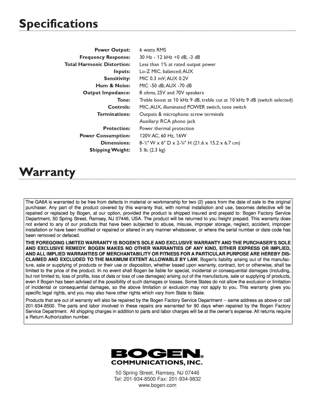 Bogen GA6A specifications Specifications, Spring Street, Ramsey, NJ, Warranty 