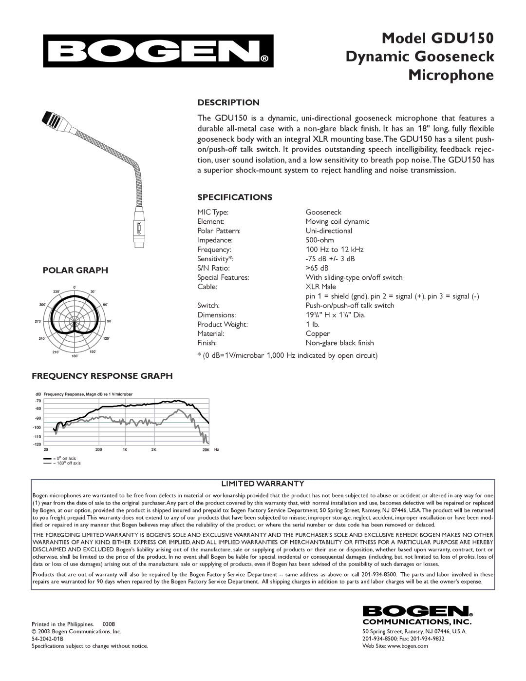 Bogen specifications Model GDU150 Dynamic Gooseneck Microphone, Polar Graph, Description, Specifications 