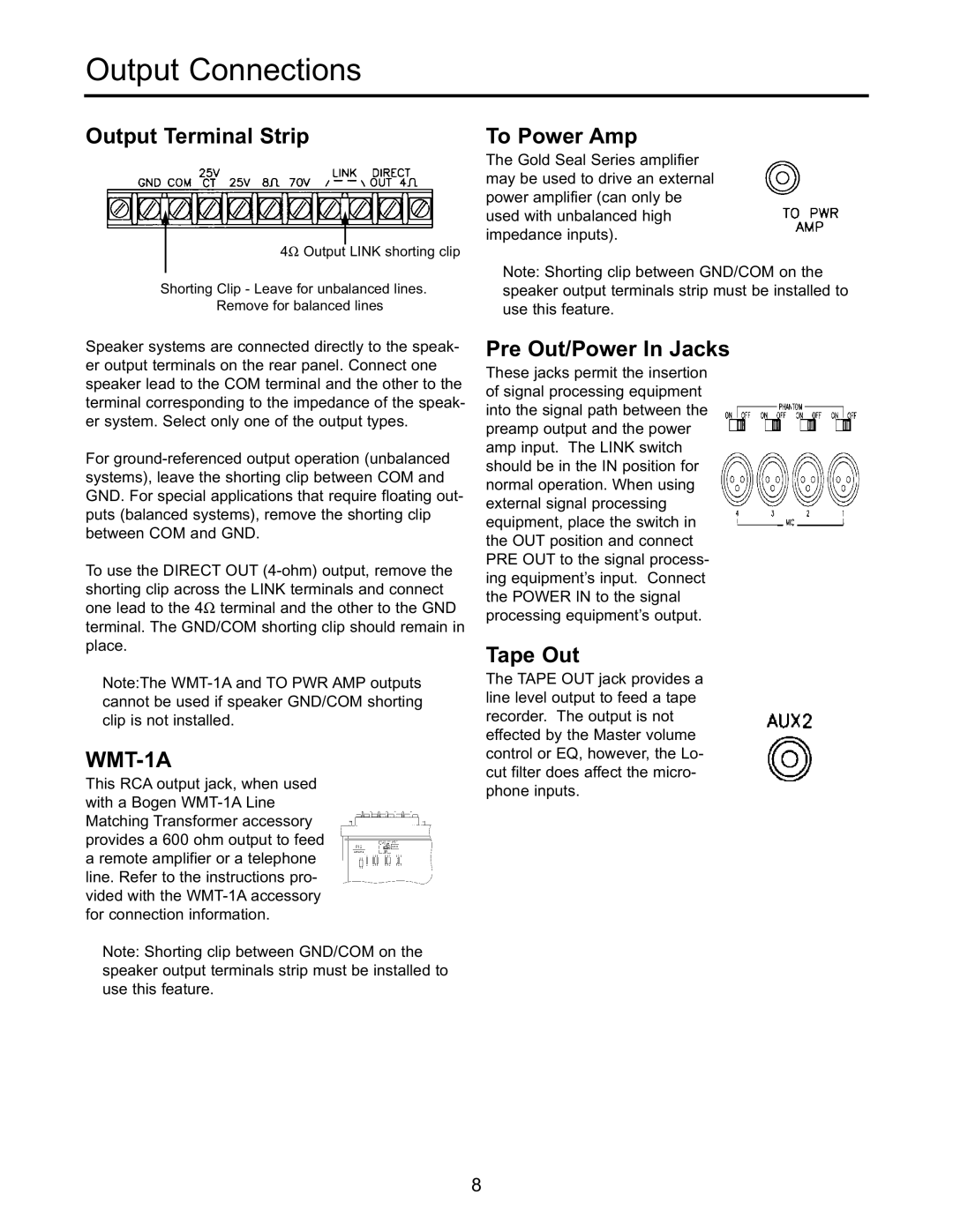 Bogen GS-150, GS-60, GS-100, GS-35 Output Connections, Output Terminal Strip, To Power Amp, Pre Out/Power In Jacks, Tape Out 