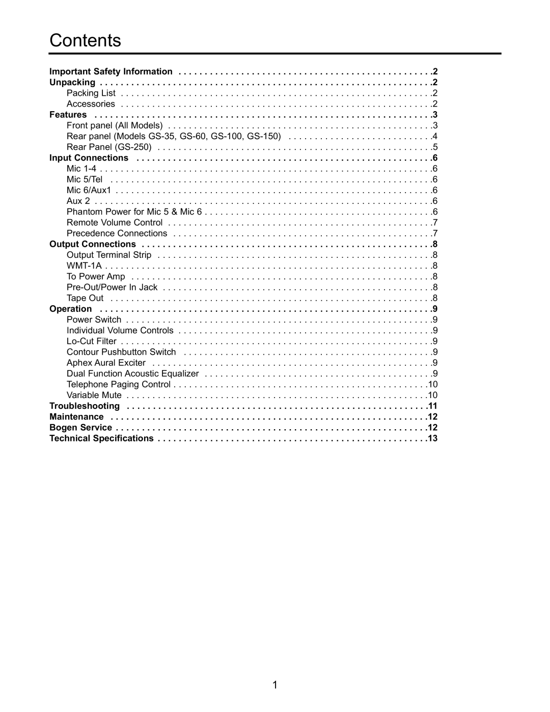 Bogen GS-250, GS-150, GS-60, GS-100, GS-35 manual Contents 