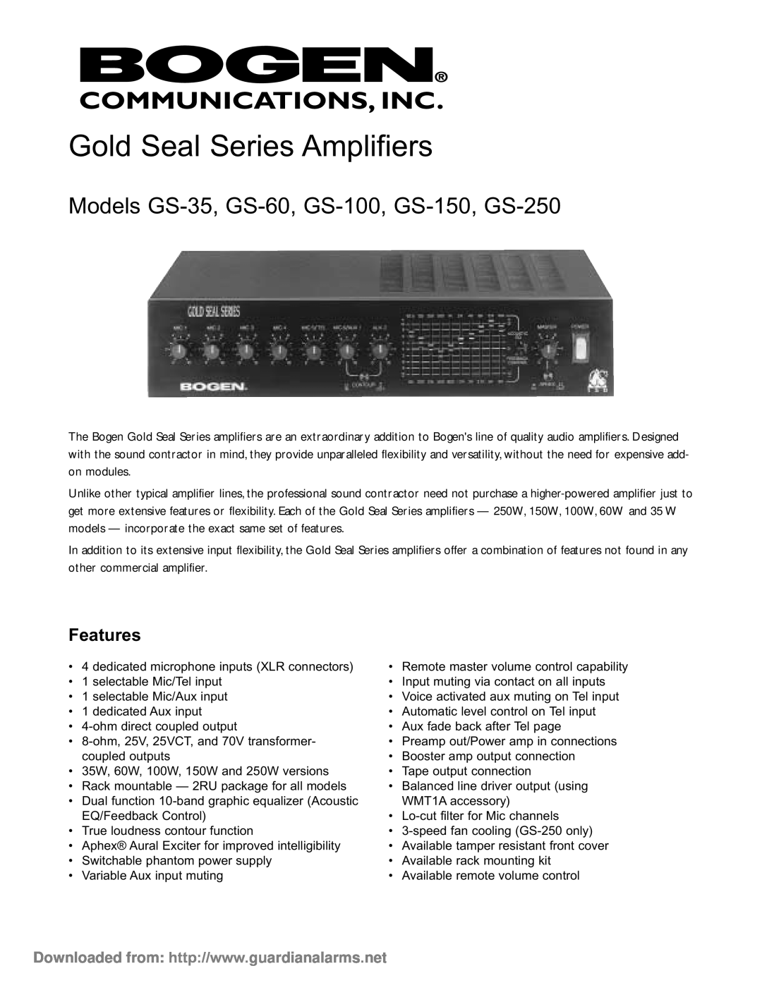Bogen manual Features, Gold Seal Series Amplifiers, Models GS-35, GS-60, GS-100, GS-150, GS-250 