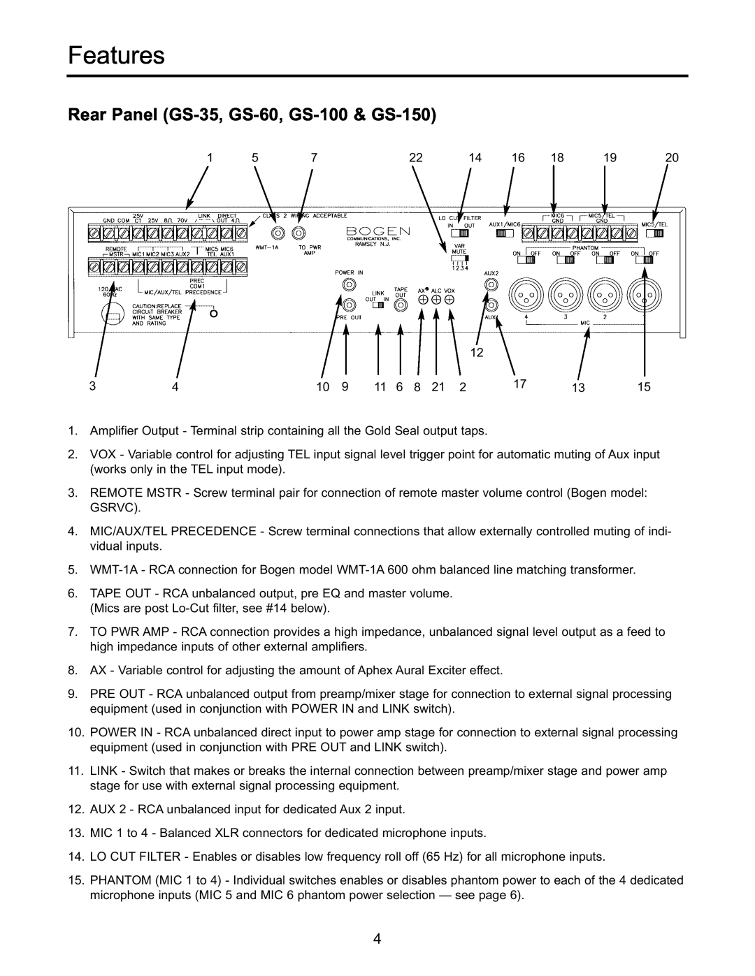Bogen GS-250 manual Rear Panel GS-35, GS-60, GS-100& GS-150, Features 