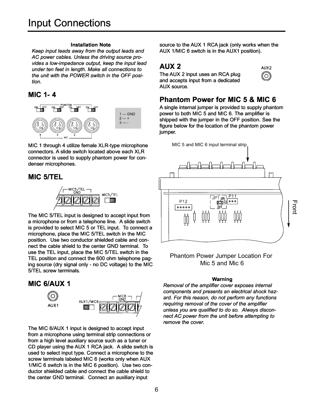 Bogen GS-250, GS-150, GS-60, GS-100, GS-35 Input Connections, Mic, MIC 5/TEL, MIC 6/AUX, Phantom Power for MIC 5 & MIC, Front 