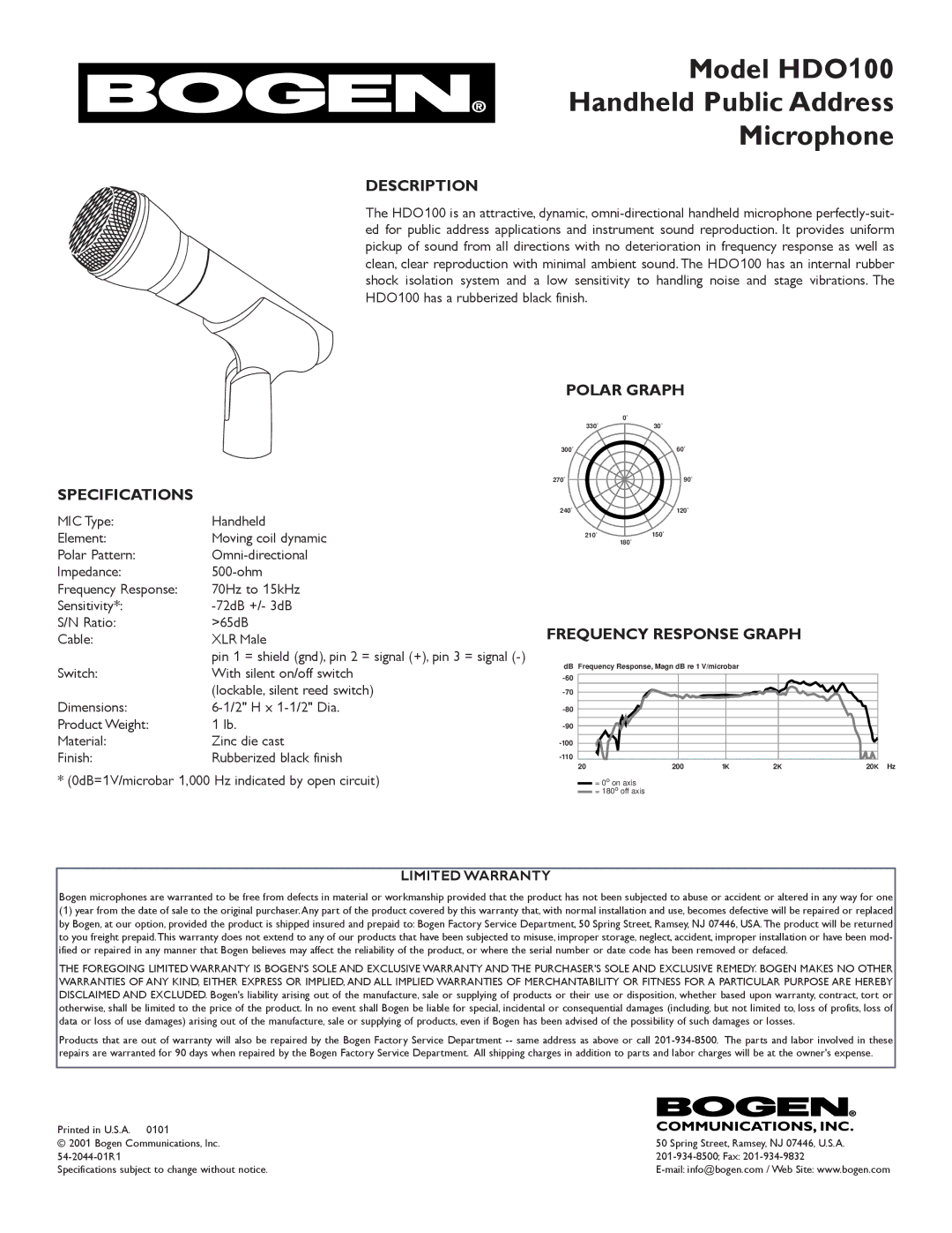 Bogen specifications Model HDO100 Handheld Public Address Microphone, Description, Specifications, Polar Graph 