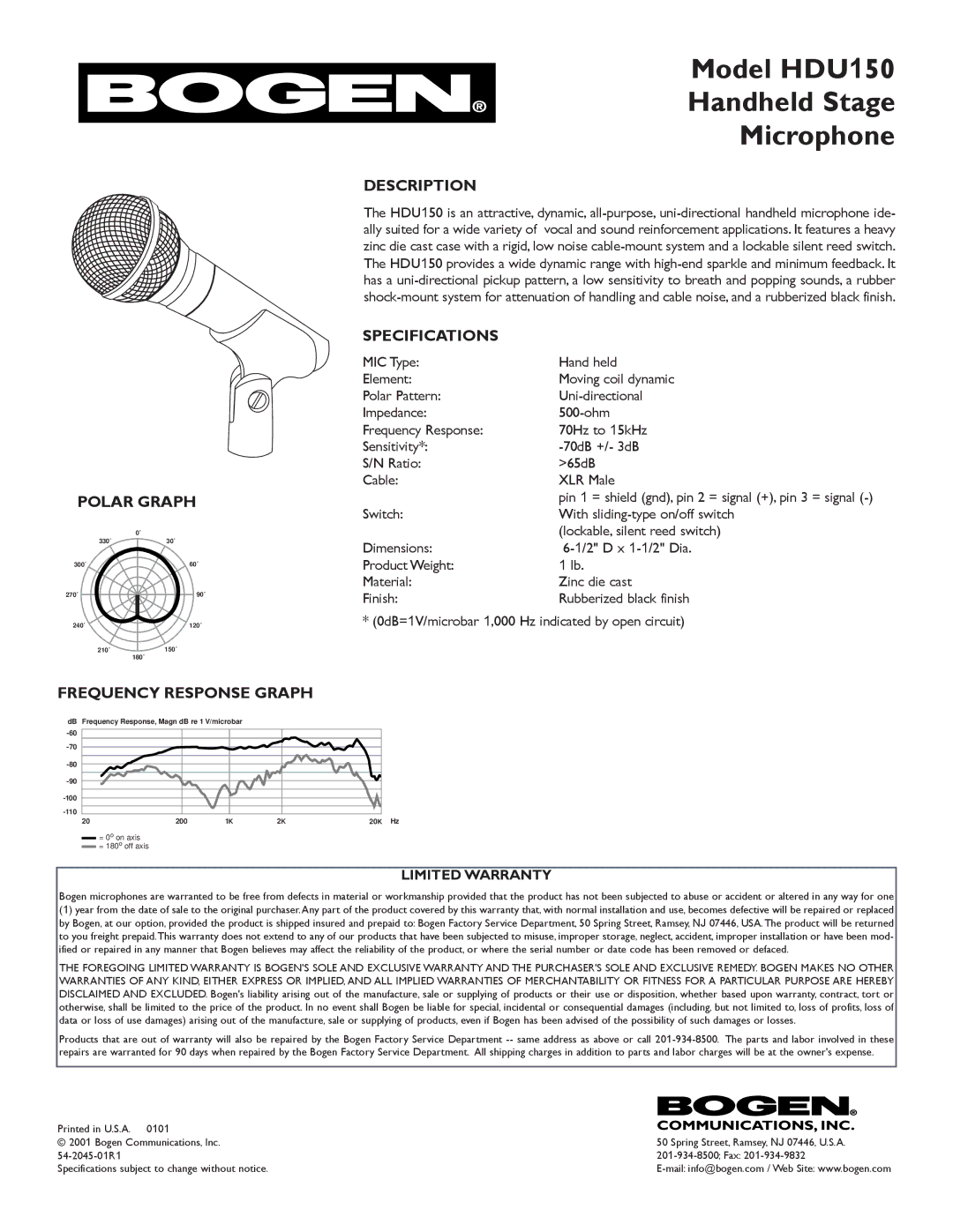 Bogen specifications Model HDU150 Handheld Stage Microphone, Polar Graph, Description, Specifications 