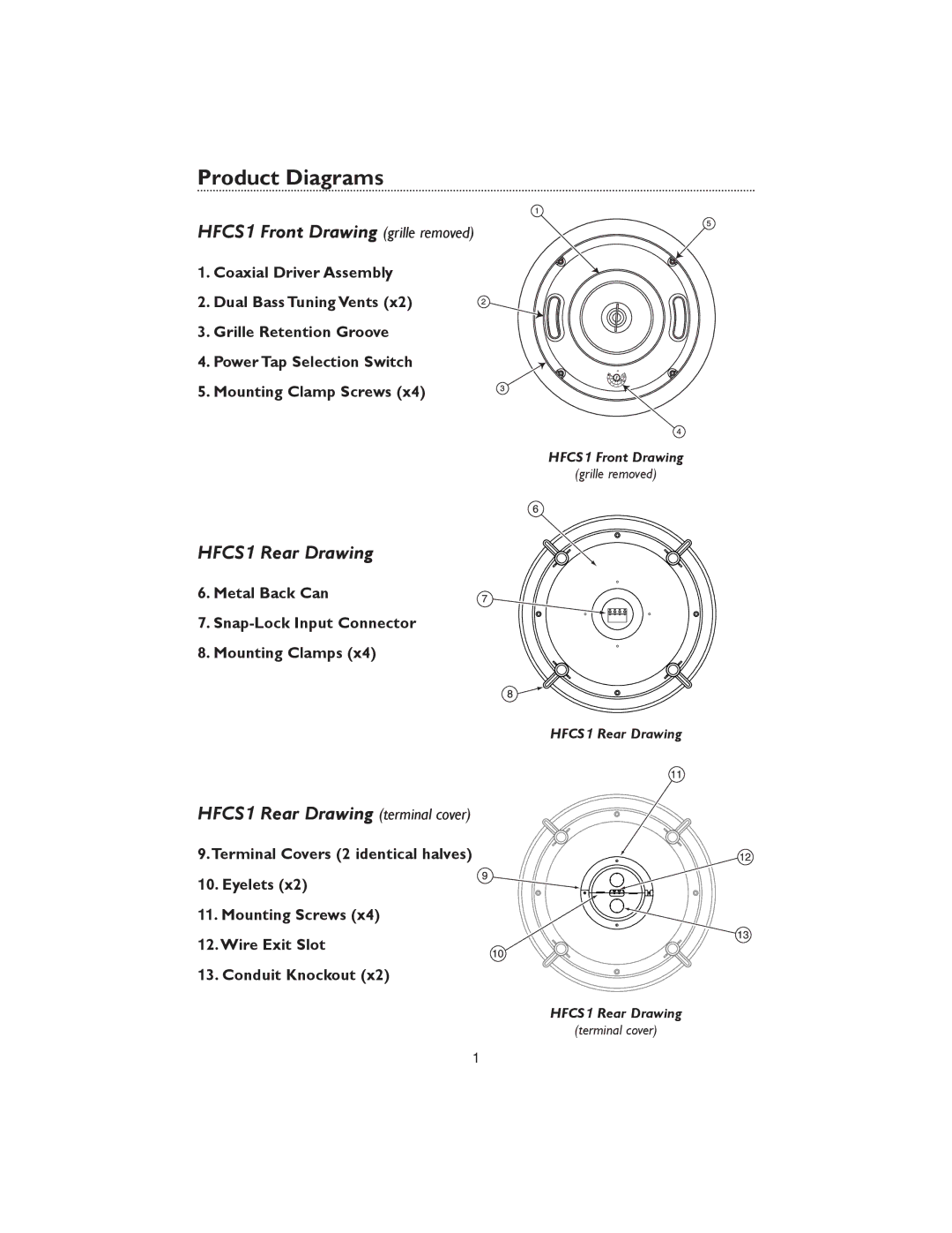 Bogen specifications Product Diagrams, HFCS1 Front Drawing grille removed, HFCS1 Rear Drawing terminal cover 